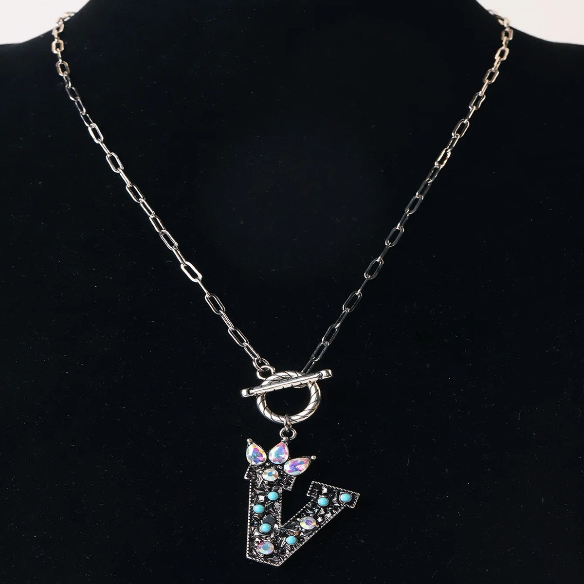 Antique Silver Crystal Initial Necklace