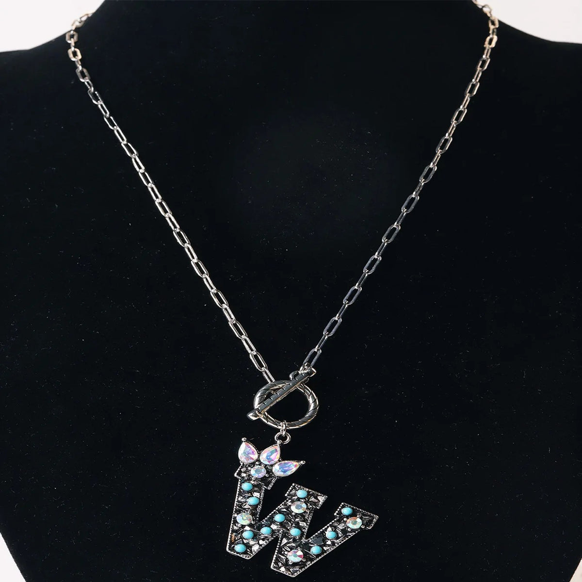 Antique Silver Crystal Initial Necklace