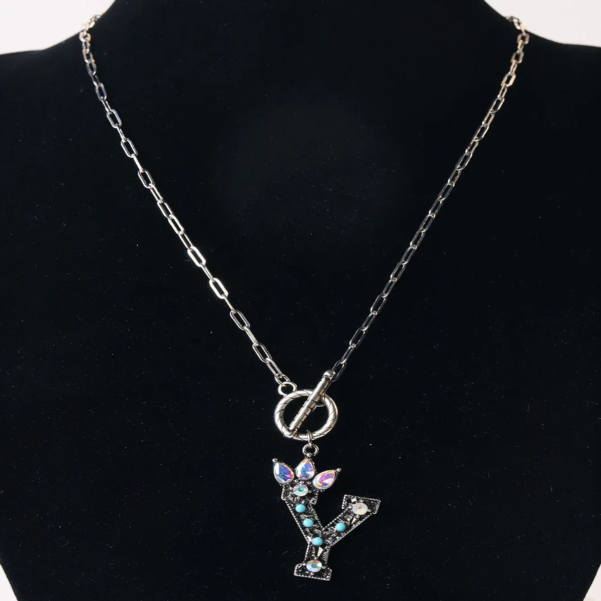 Antique Silver Crystal Initial Necklace