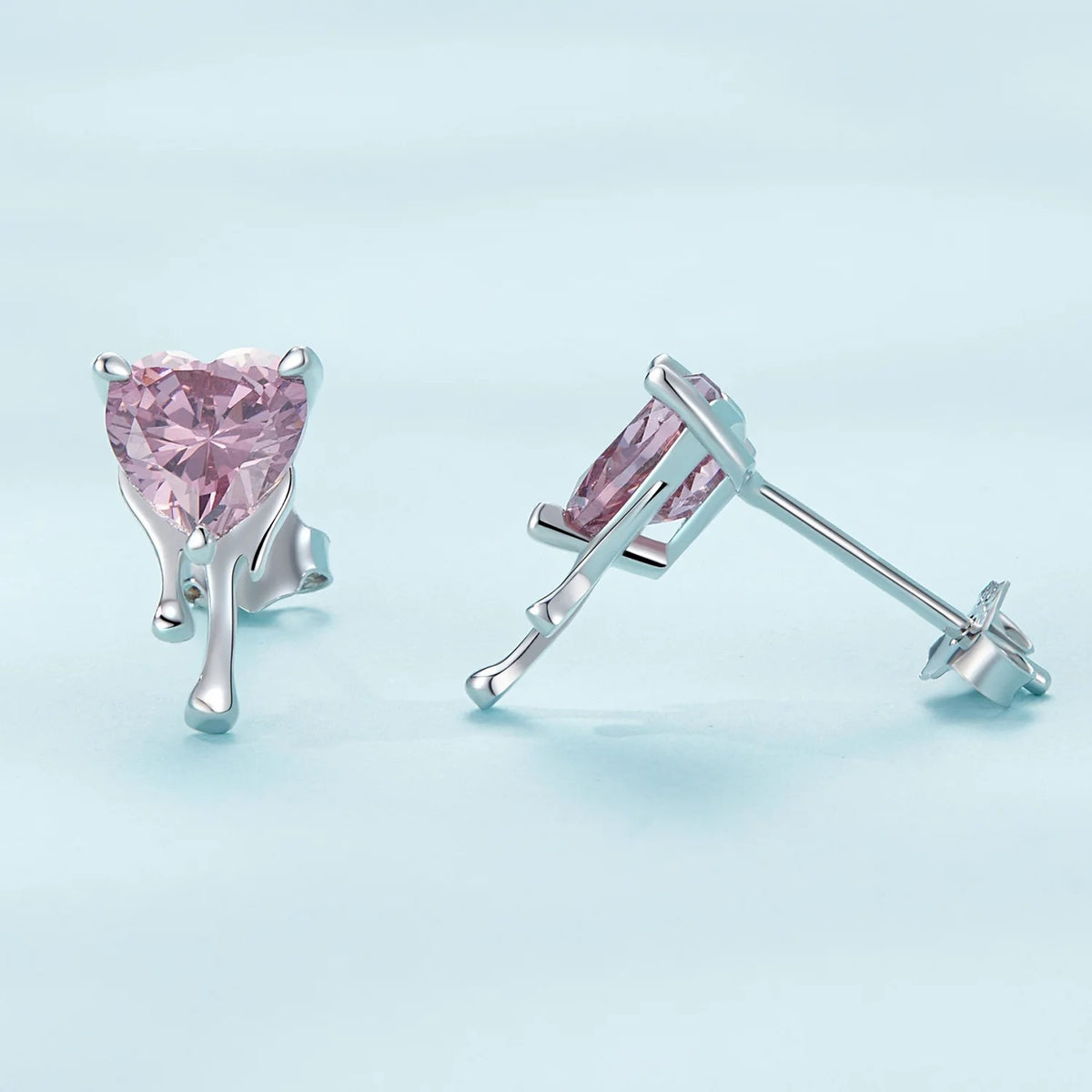 Pink Crystal Melting Heart Stud Earrings