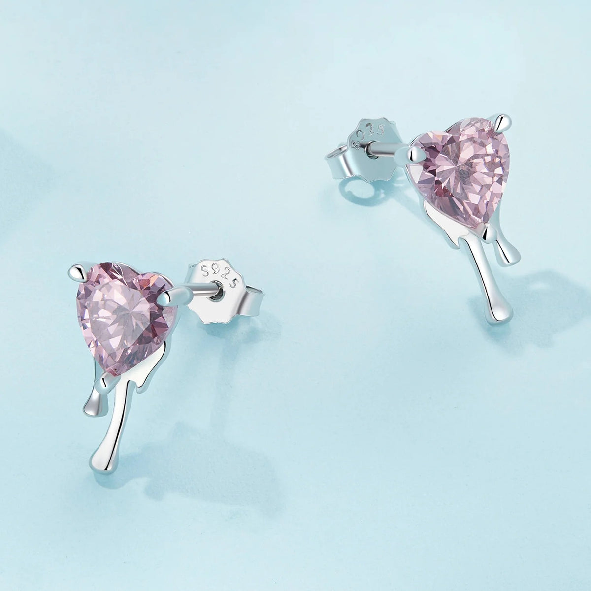 Pink Crystal Melting Heart Stud Earrings