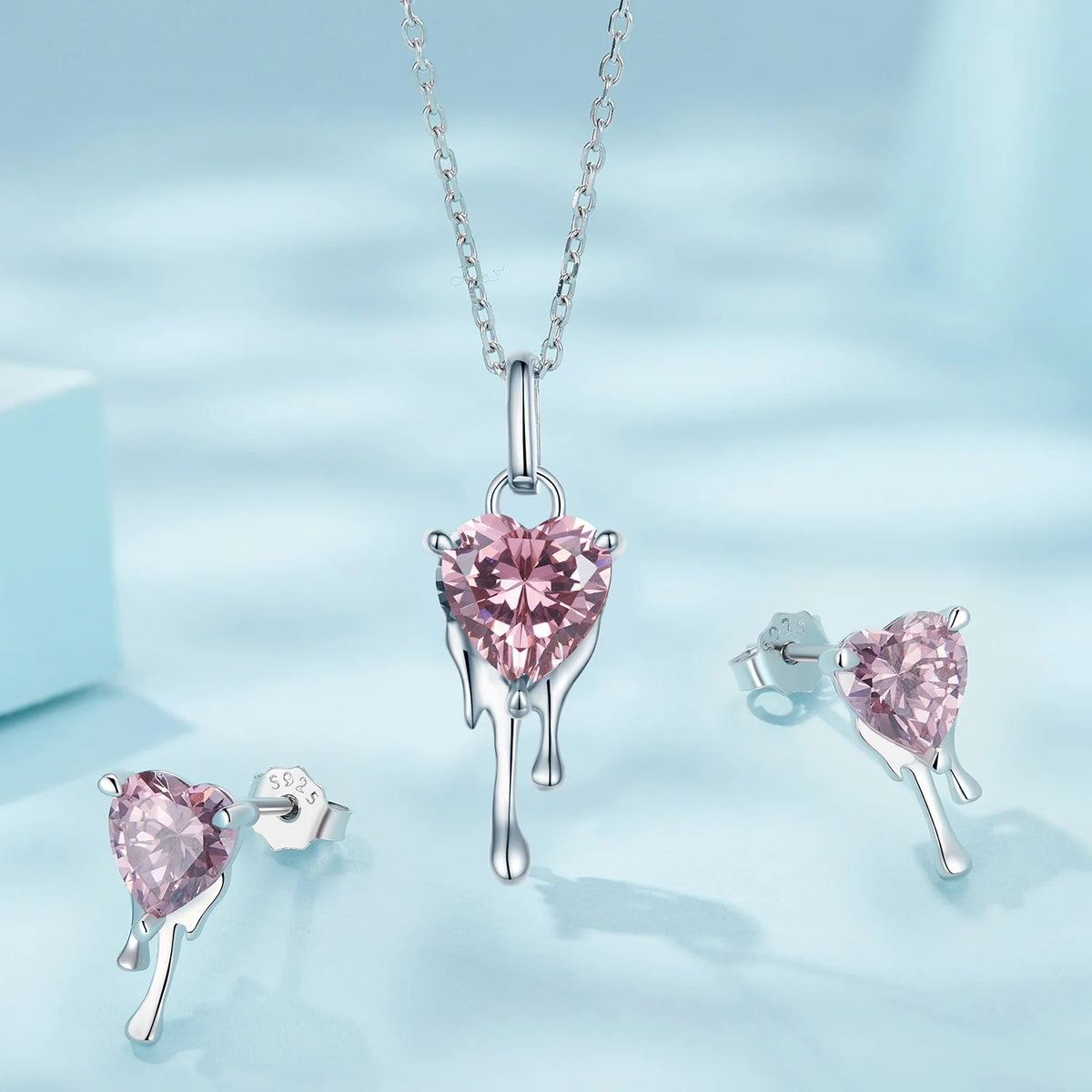 Pink Crystal Melting Heart Stud Earrings