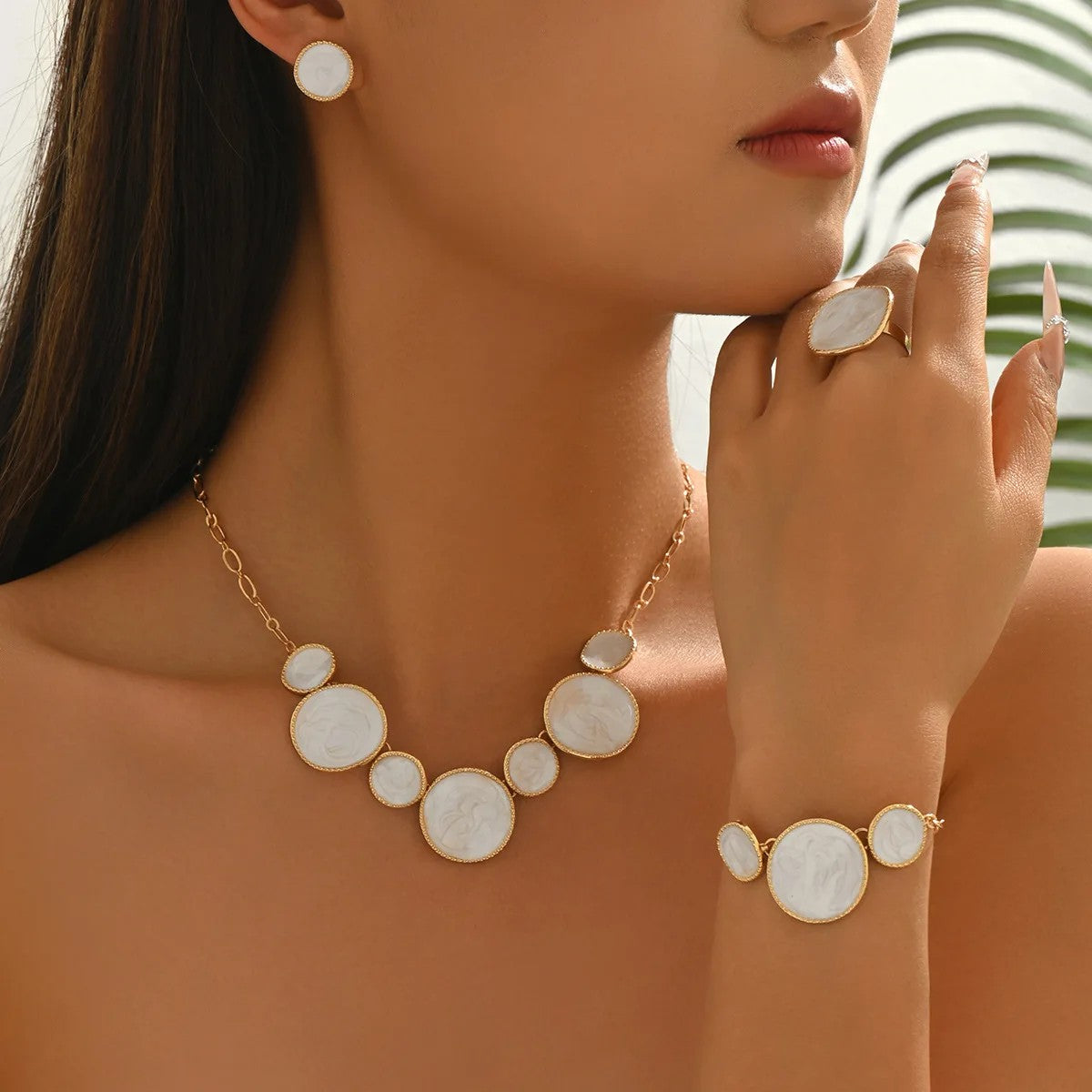 White Stone Disc Jewelry Set