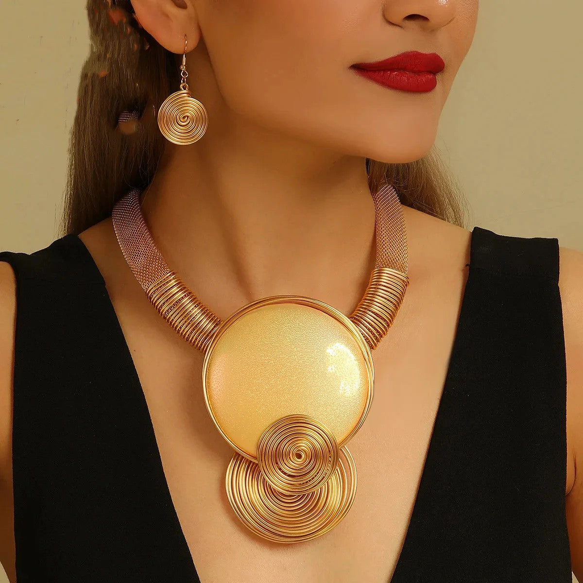 Gold-Tone Spiral Disc Necklace & Earring Set