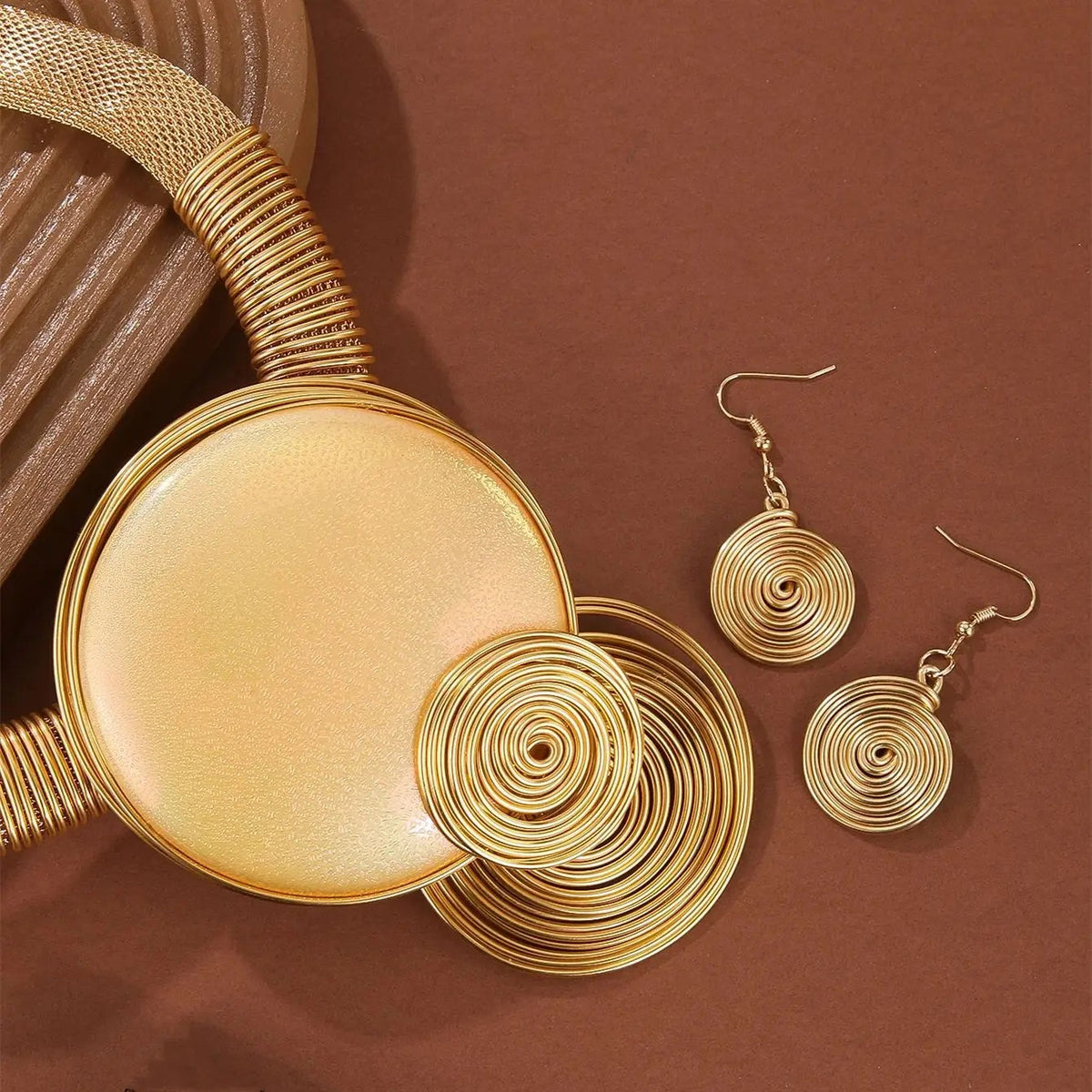 Gold-Tone Spiral Disc Necklace & Earring Set