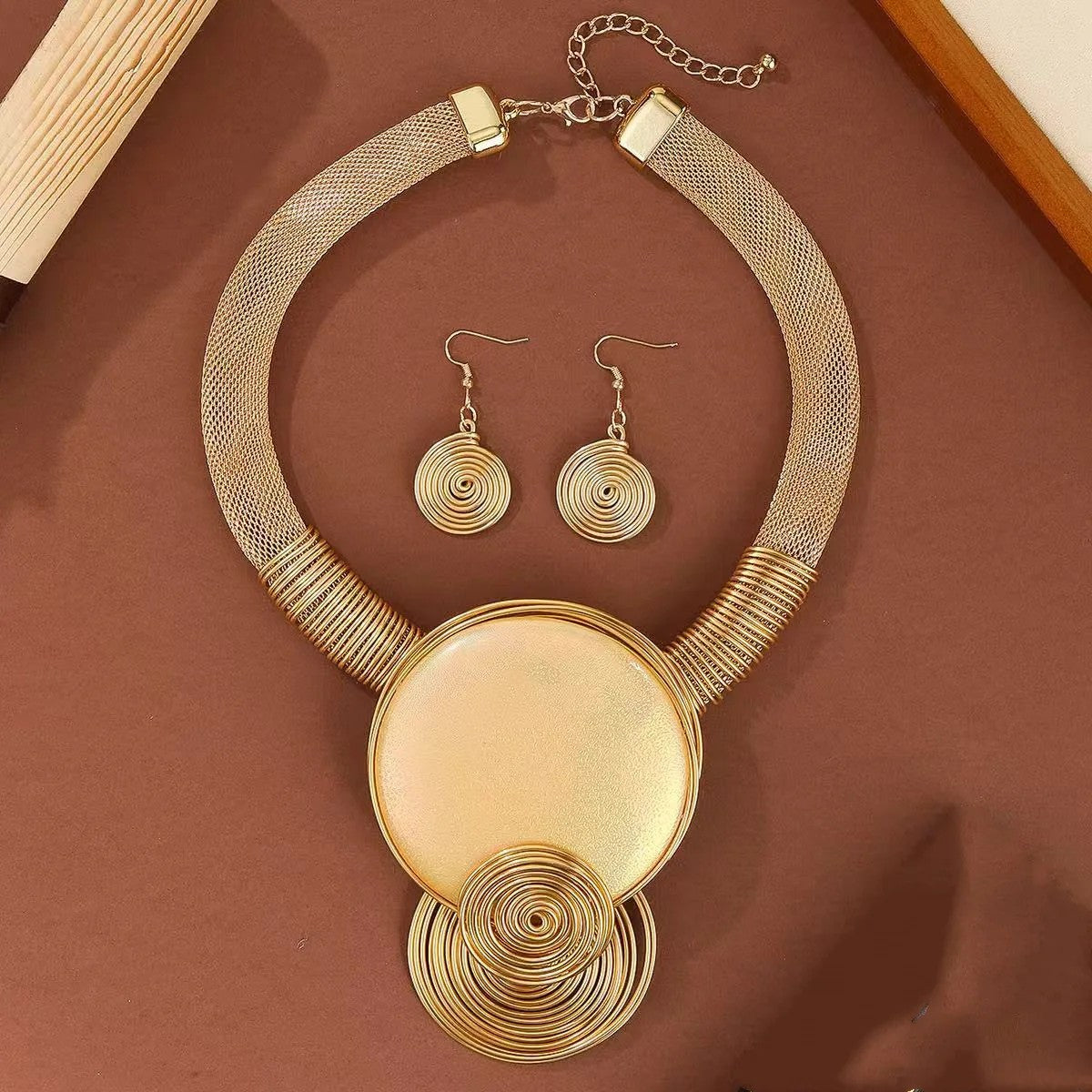 Gold-Tone Spiral Disc Necklace & Earring Set
