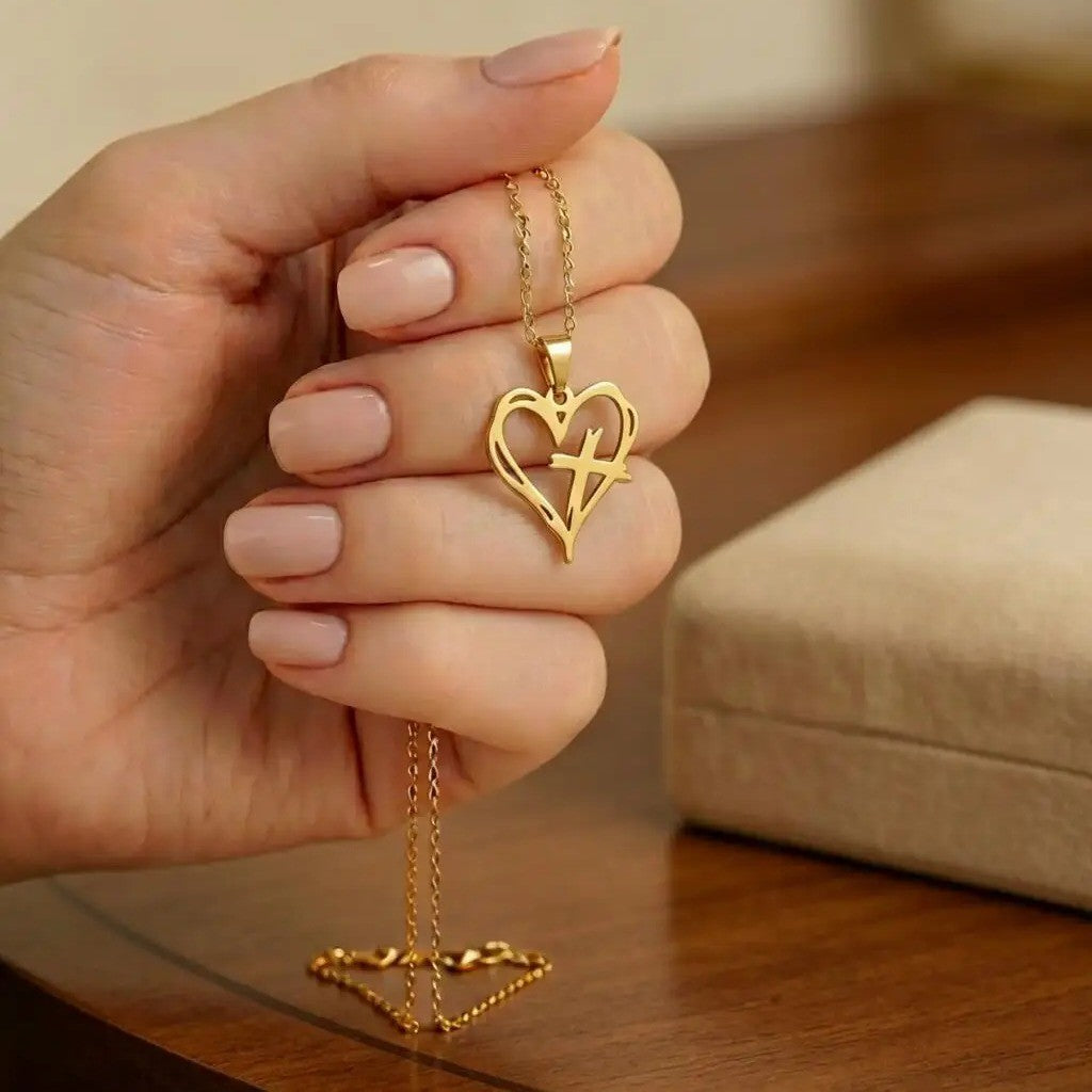 Open Heart Cross Pendant Necklace