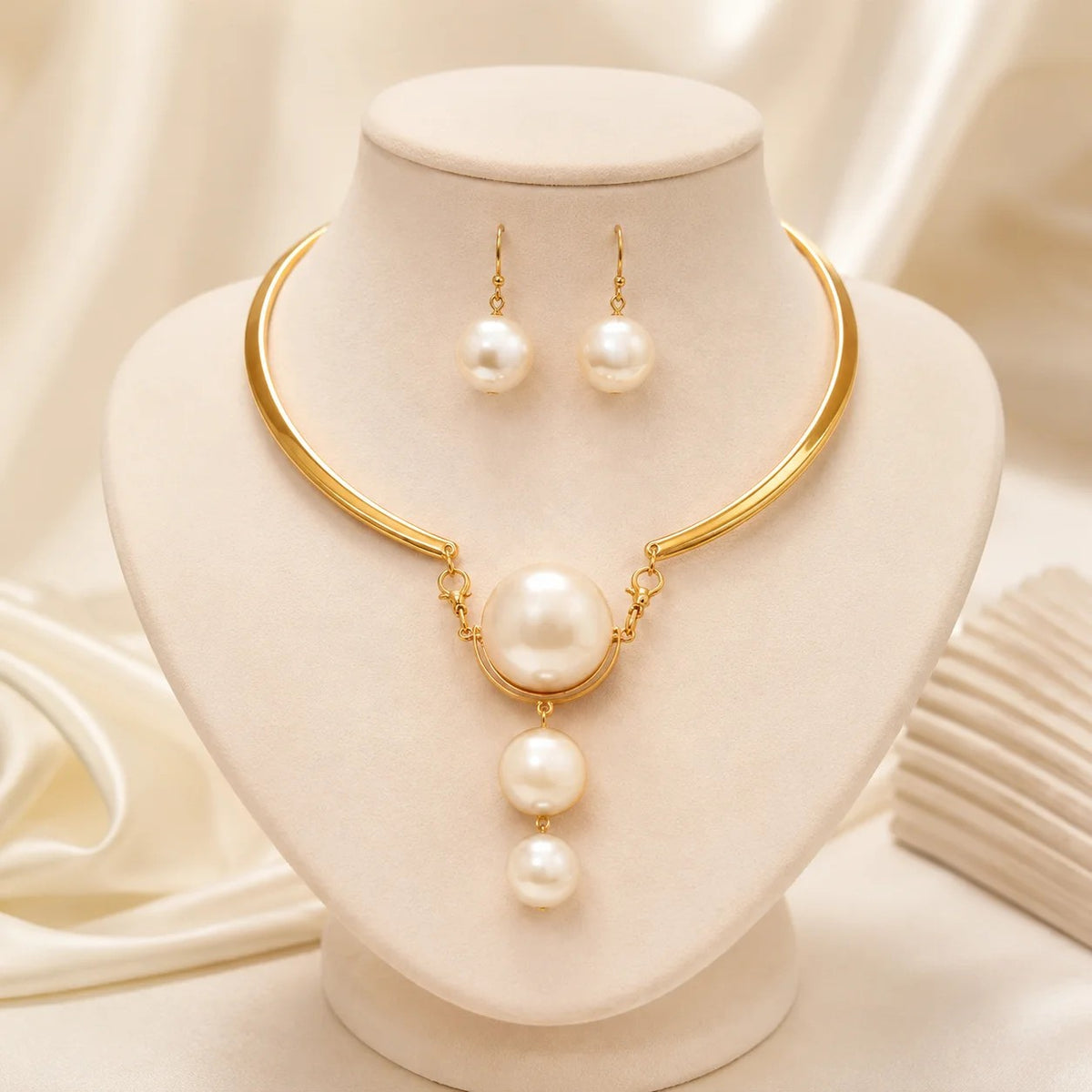 Cascading Pearl Collar Necklace & Earring Set