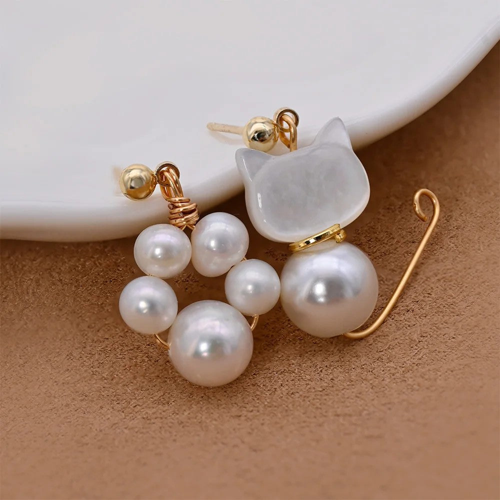 Asymmetrical Cat & Pearl Earrings