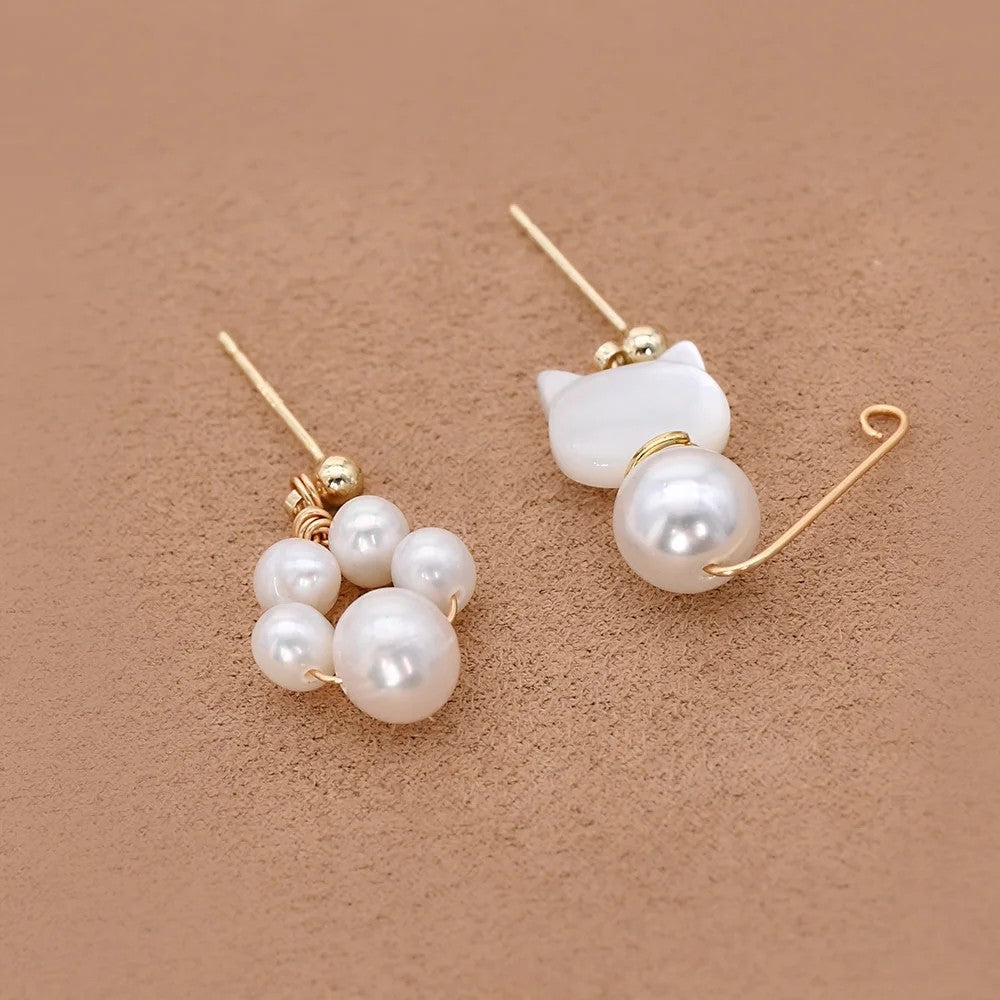 Asymmetrical Cat & Pearl Earrings