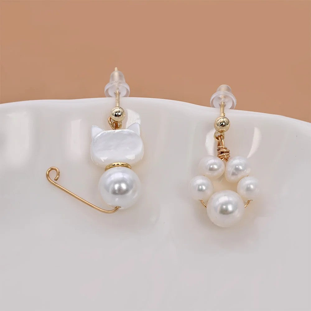 Asymmetrical Cat & Pearl Earrings