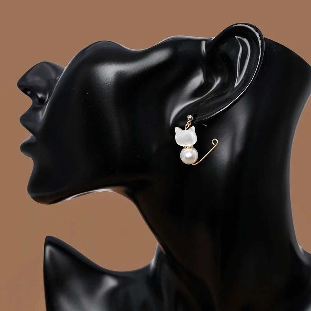 Asymmetrical Cat & Pearl Earrings