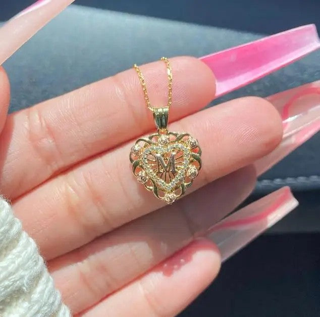 Crystal Initial Filigree Heart Necklace