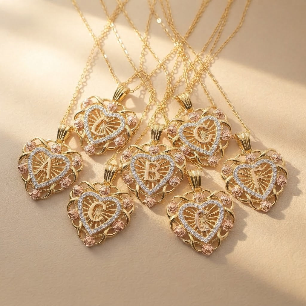 Crystal Initial Filigree Heart Necklace