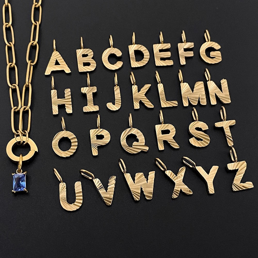 Ribbed Letter & Blue Gem Necklace