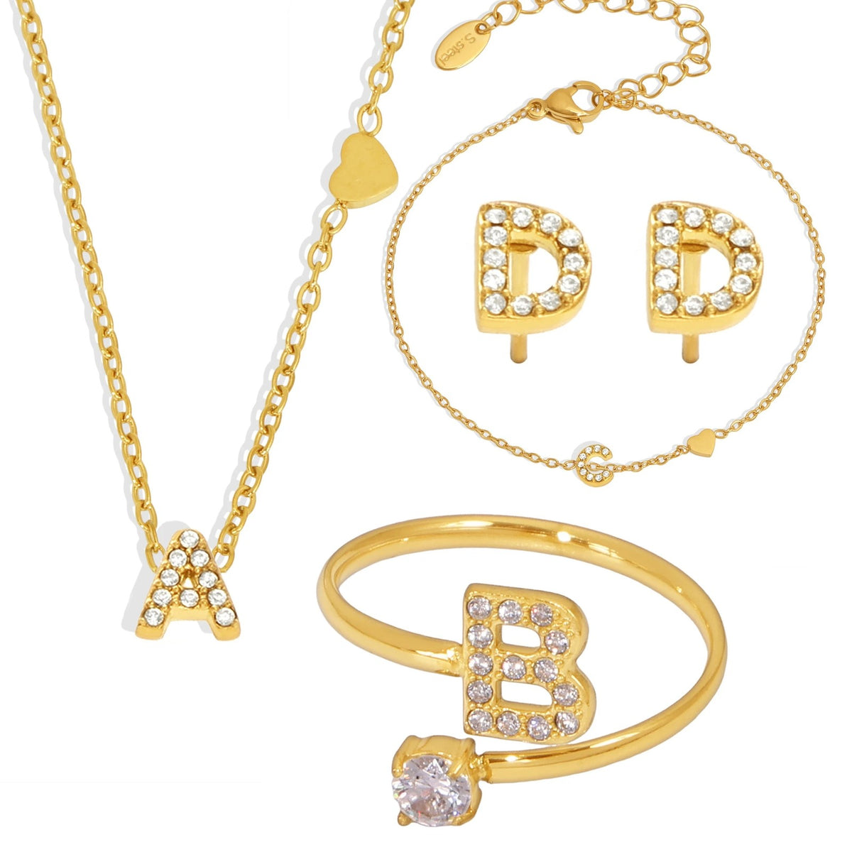 Gold Crystal Initial Letter Stud Earrings