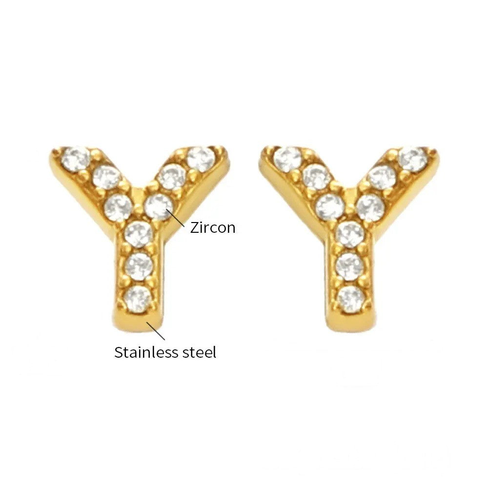Gold Crystal Initial Letter Stud Earrings