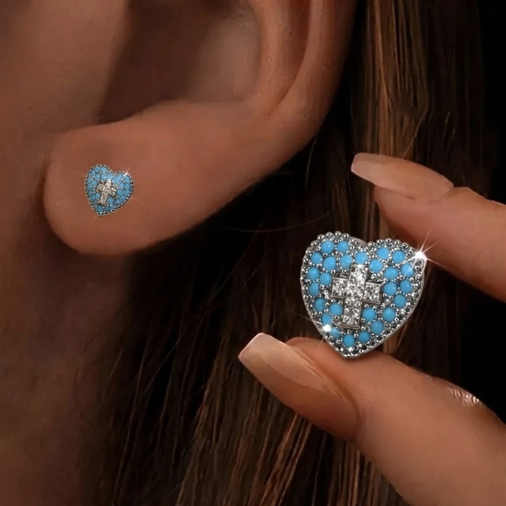 Blue Crystal Heart Cross Stud Earrings