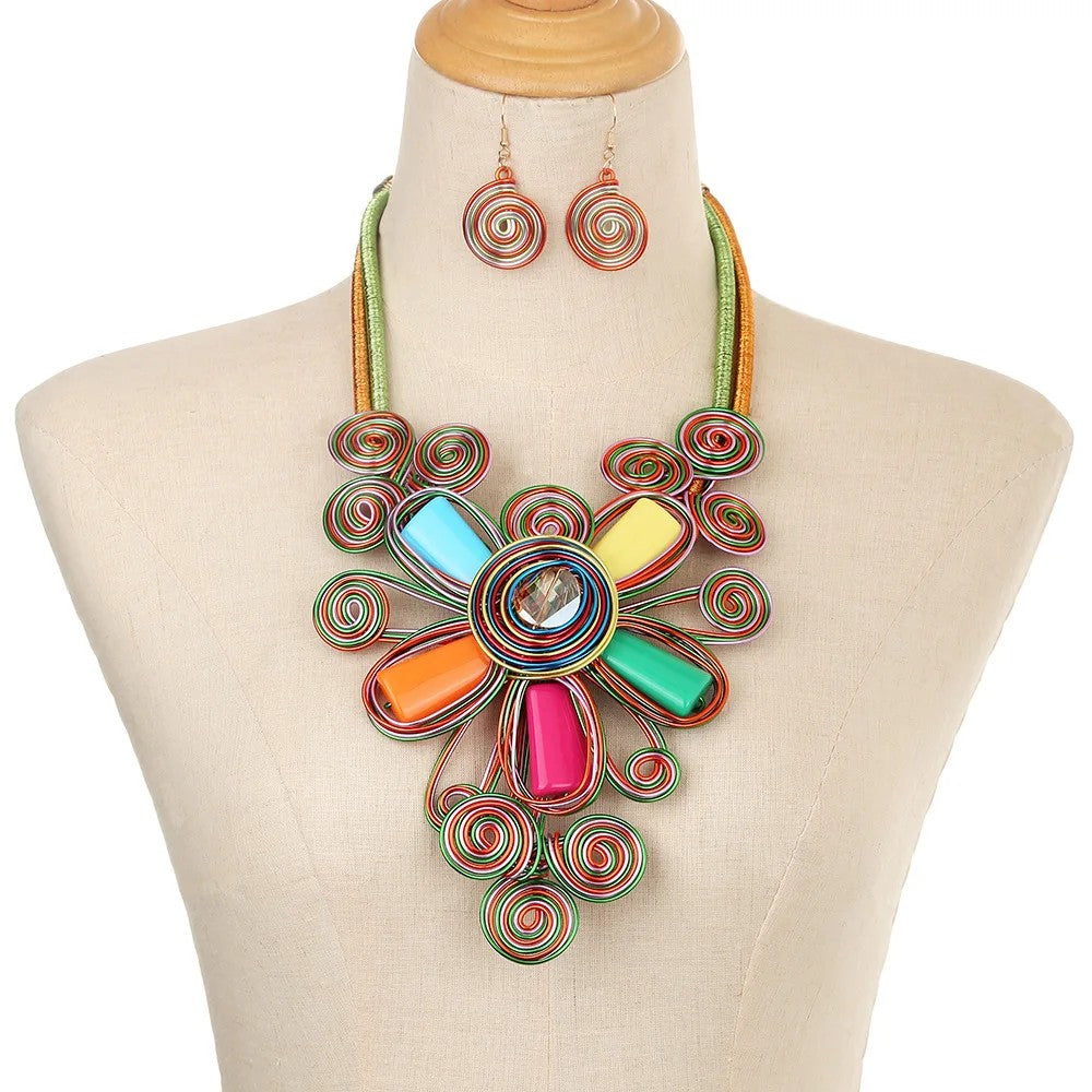 Colorful Spiral Flower Statement Necklace Set