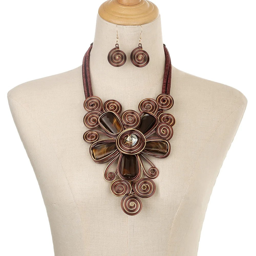 Colorful Spiral Flower Statement Necklace Set
