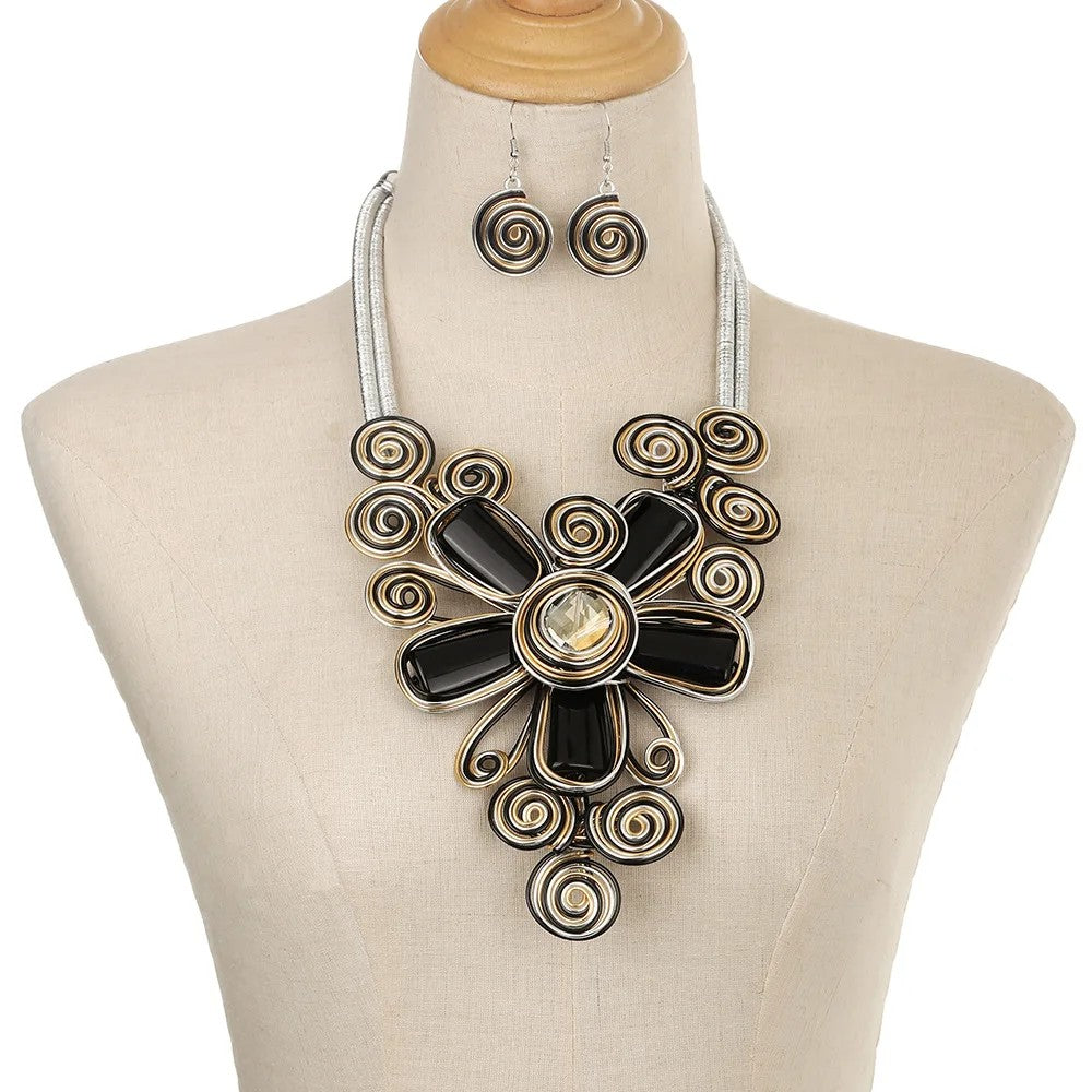Colorful Spiral Flower Statement Necklace Set