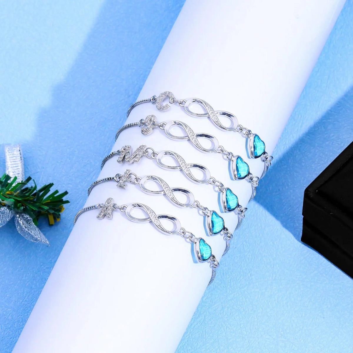 Infinity Letter & Blue Heart Bracelet