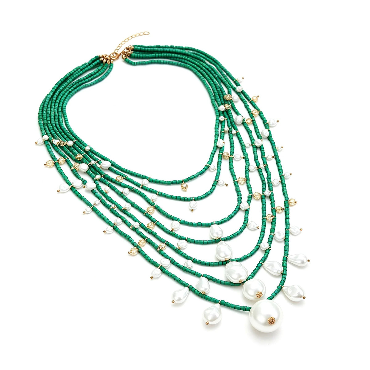 Green Bead Layered Pearl Necklace