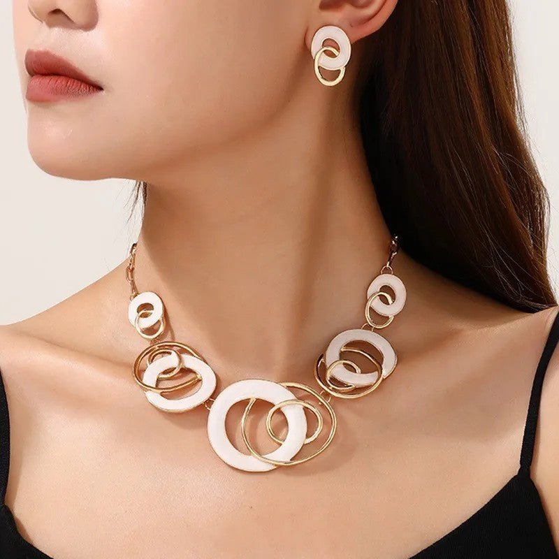 White Interlocking Circle Necklace & Earring Set