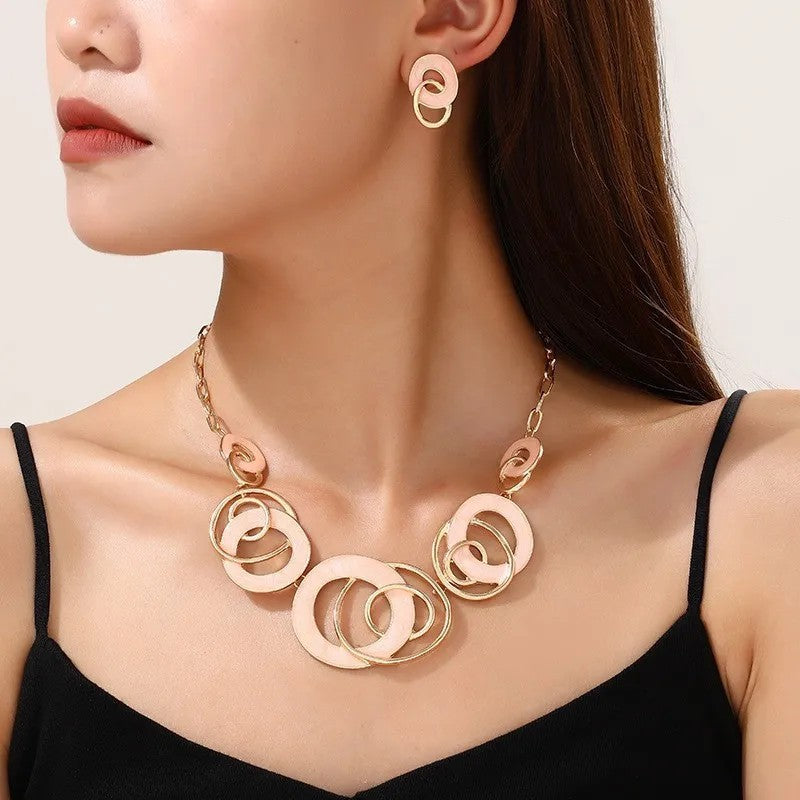 White Interlocking Circle Necklace & Earring Set