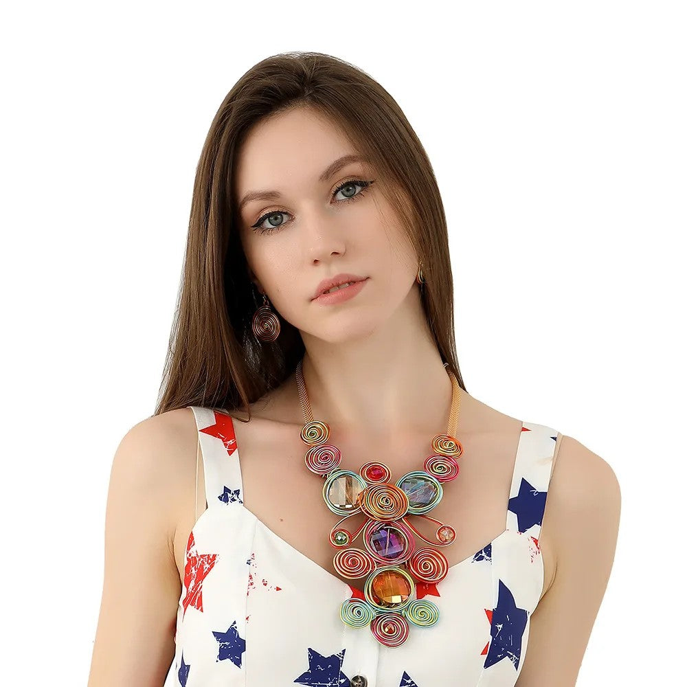 Spiral Crystal Bib Necklace & Earring Set