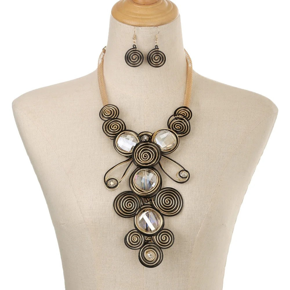 Spiral Crystal Bib Necklace & Earring Set