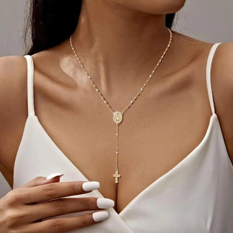 Virgin Mary Cross Lariat Necklace