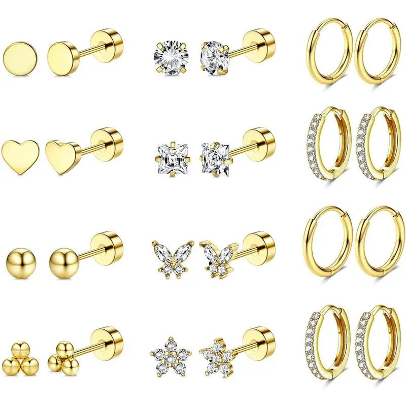 12pc Mixed Shape Stud & Hoop Earring Set