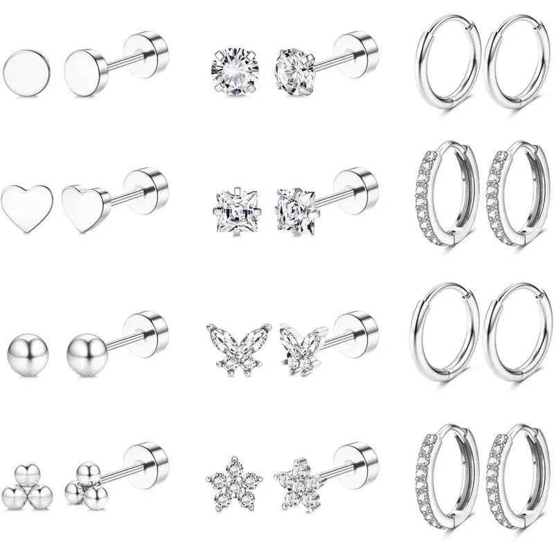 12pc Mixed Shape Stud & Hoop Earring Set