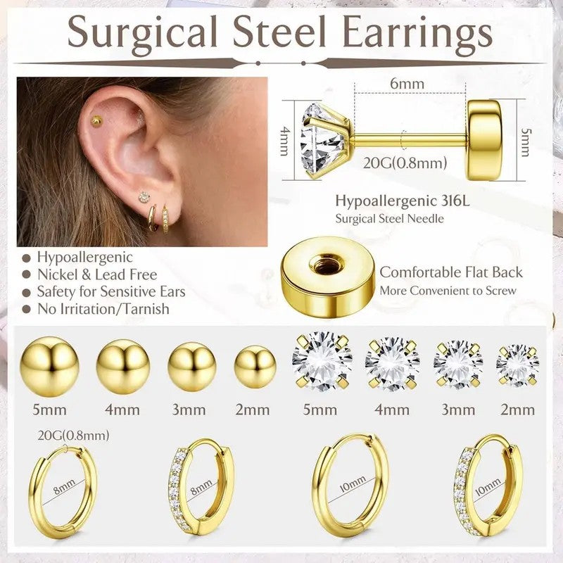 12pc Mixed Shape Stud & Hoop Earring Set
