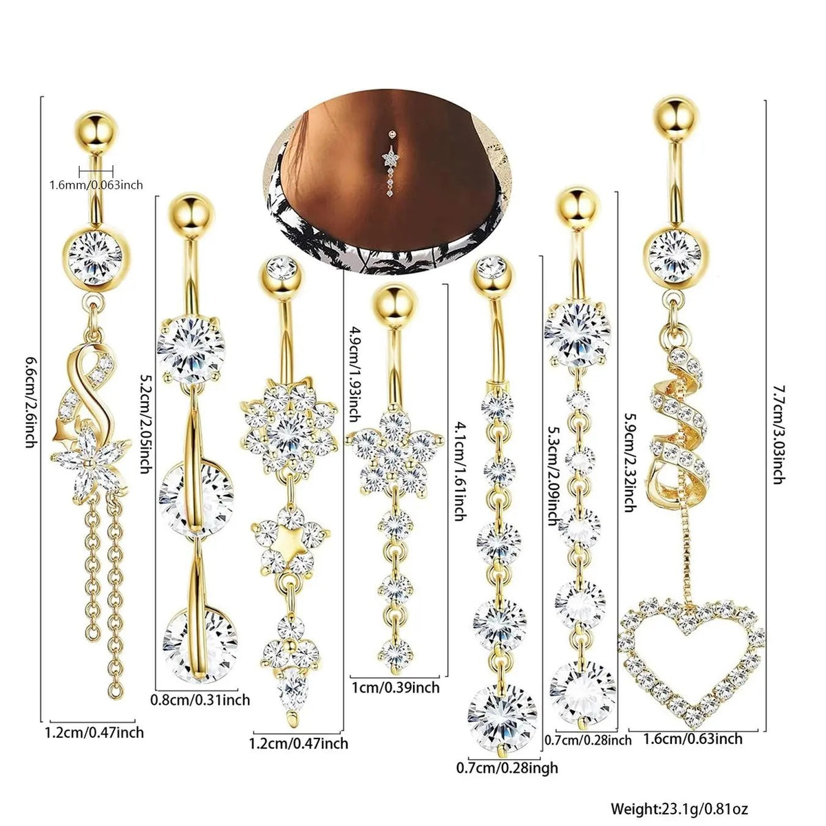 Crystal Floral & Heart Belly Ring Set