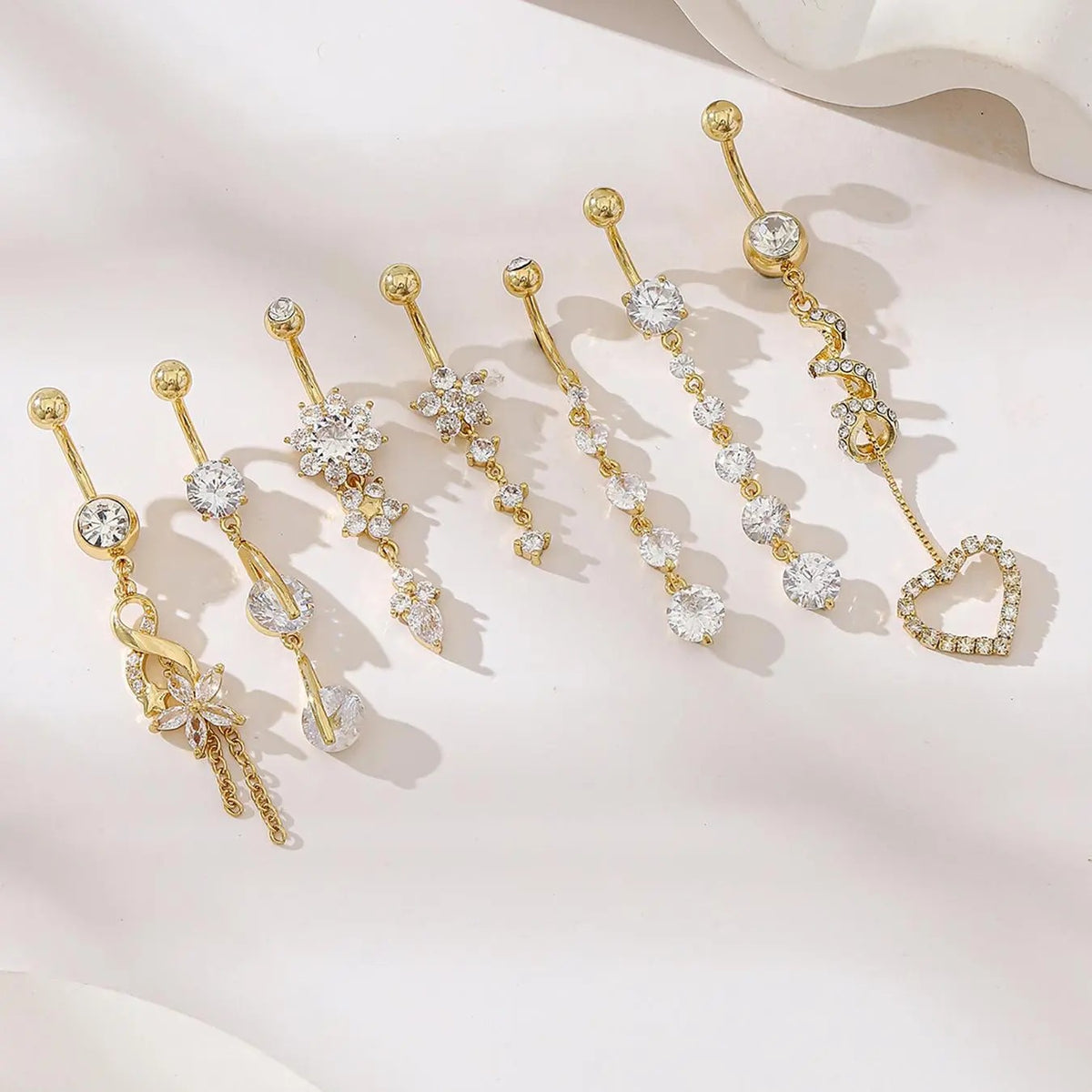 Crystal Floral & Heart Belly Ring Set