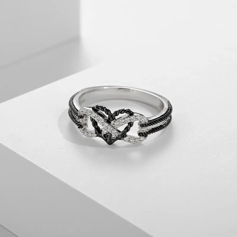 2pc Black Celtic Knot & Crystal Heart Ring Set