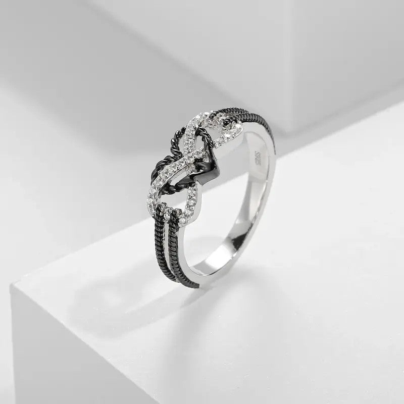 2pc Black Celtic Knot & Crystal Heart Ring Set