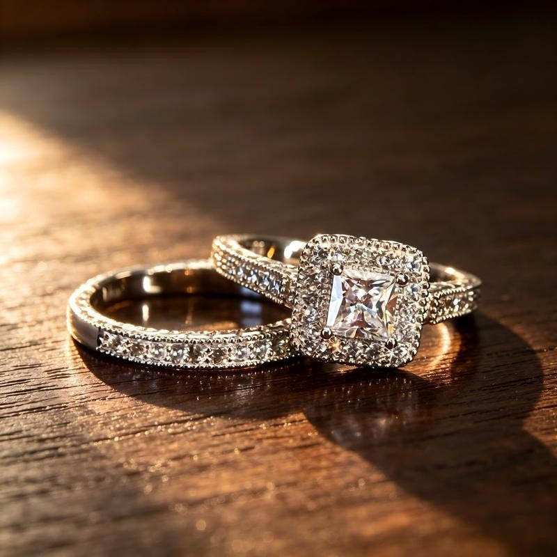 Princess Cut Halo Ring Set