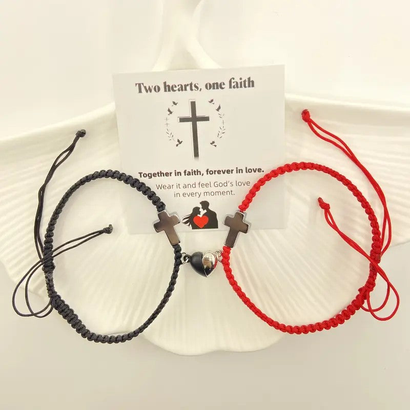 Cross & Magnetic Heart Bracelet Set
