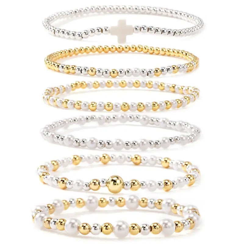 6pc Pearl & Cross Beaded Bracelet Set