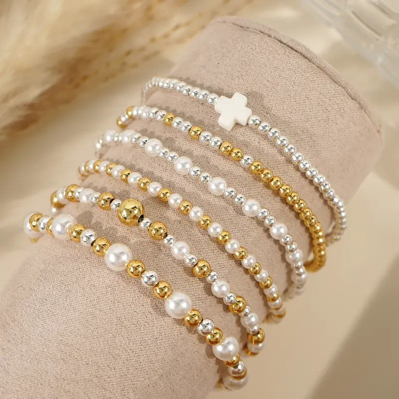 6pc Pearl & Cross Beaded Bracelet Set