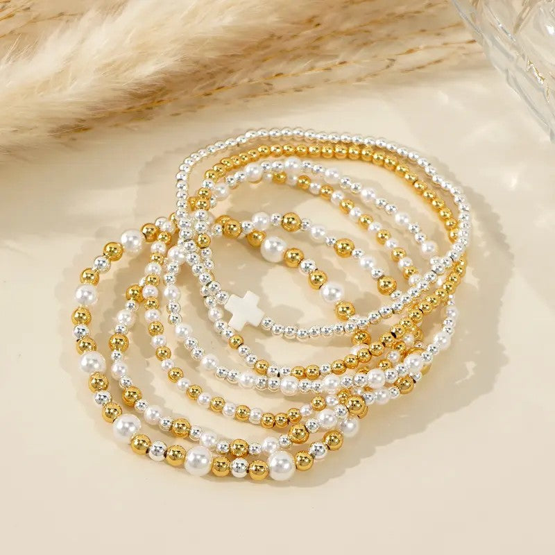 6pc Pearl & Cross Beaded Bracelet Set