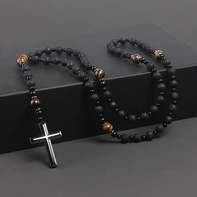 Tiger Eye & Lava Rock Cross Necklace