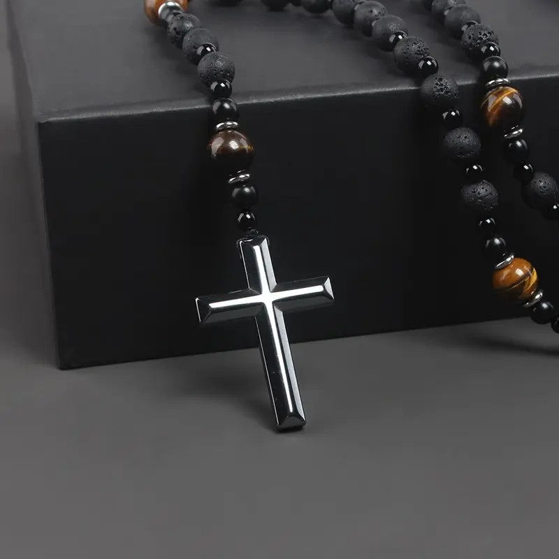 Tiger Eye & Lava Rock Cross Necklace