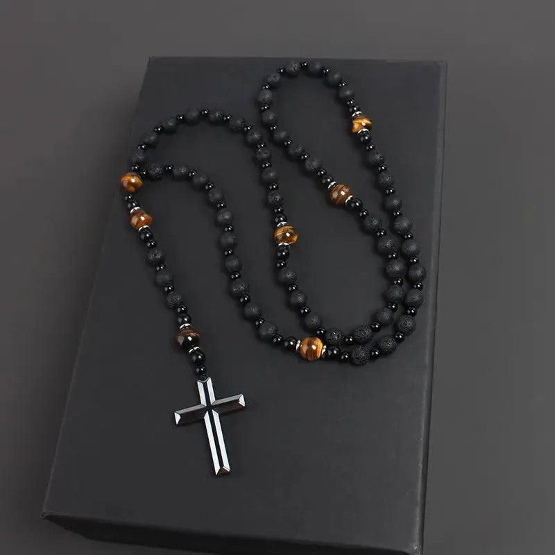 Tiger Eye & Lava Rock Cross Necklace