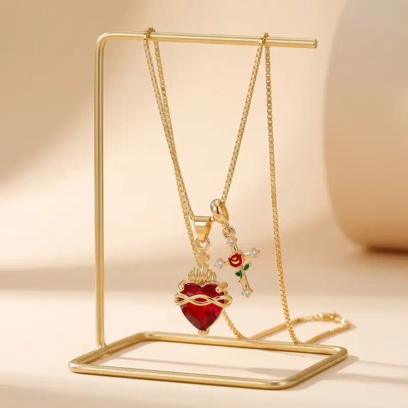Red Heart & Rose Cross Necklace