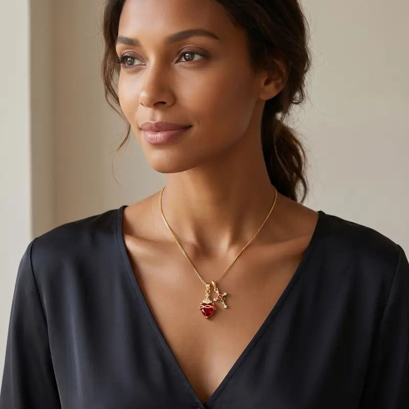 Red Heart & Rose Cross Necklace