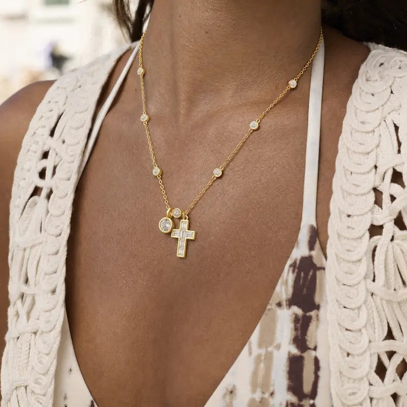 Crystal Cross & Circle Charm Necklace